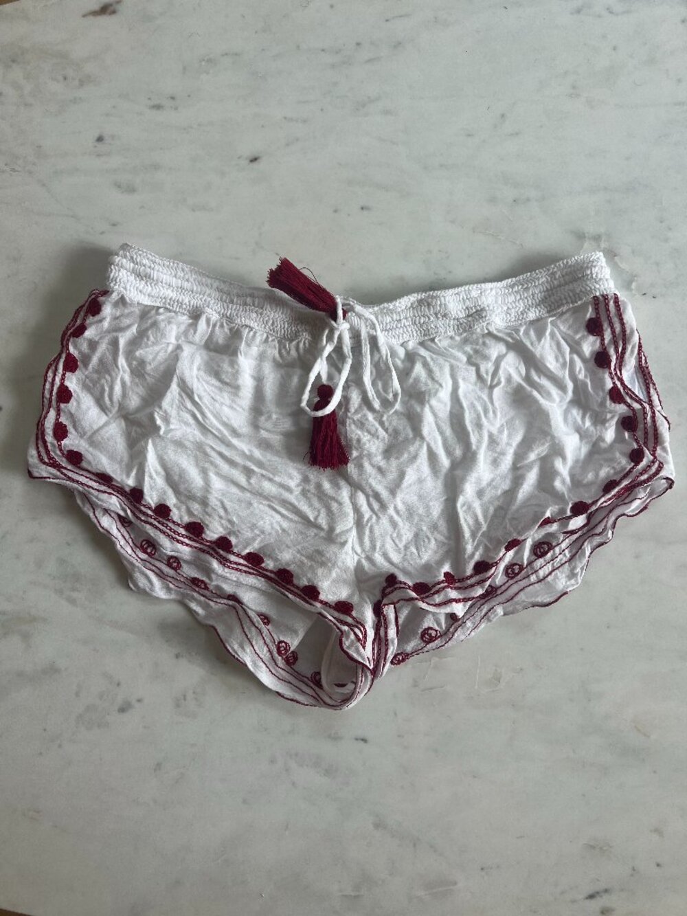 Poupette St Barth White Boho Shorts with Burgundy Embroidery